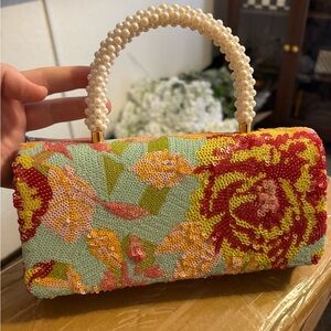 Viral Floral Sequence Bag with Pearl Handle